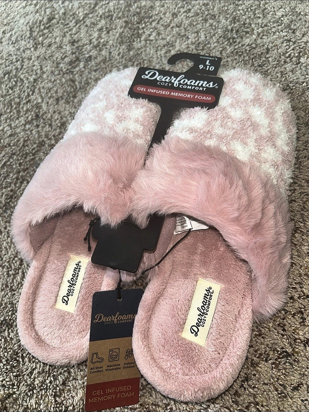 Dearfoams Gel Infused Memory Foam Pink Checkered Slippers Women's US 9-10 NWT